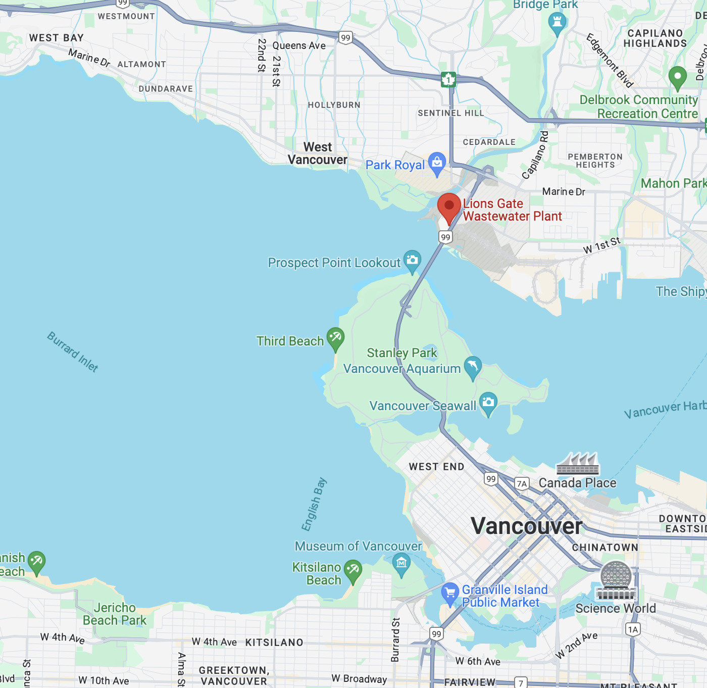 A Google Map of northern Vancouver, with Lions Gate Wastewater Plant marked.